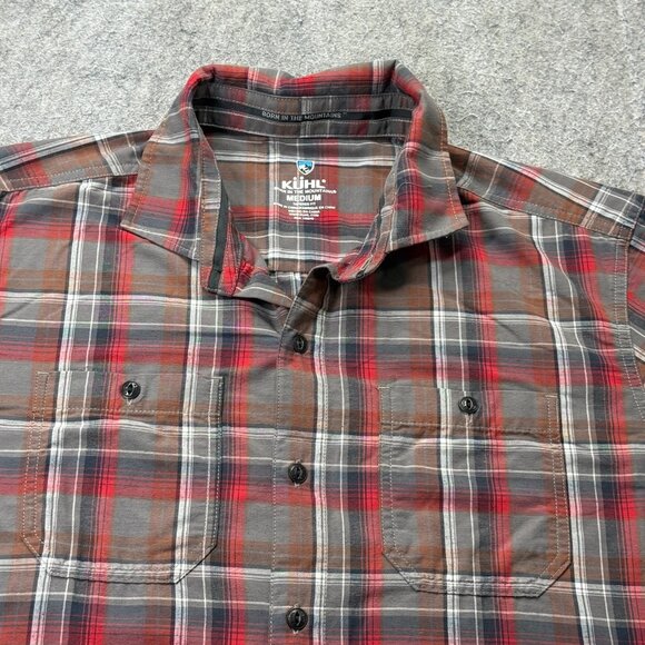 Kuhl Styk Shirt Men M Brown Gray Red Plaid Tapered Button Up Short Sleeve Nylon - Picture 1 of 15